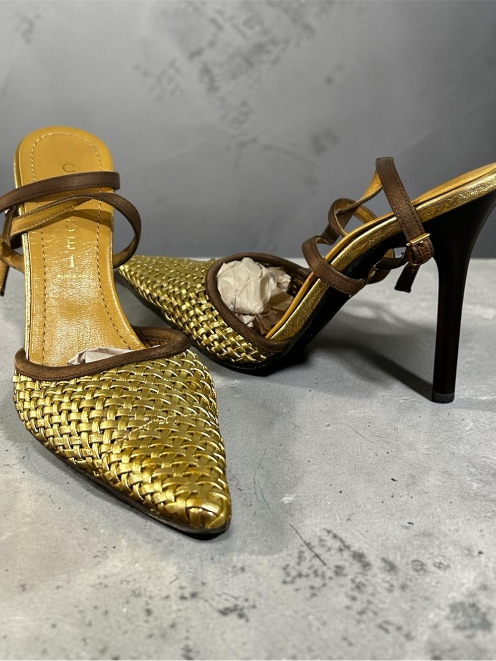 CASADEI - Vintage Gold Woven Pointed-Toe Stiletto Mules with Brown Straps Sz6
